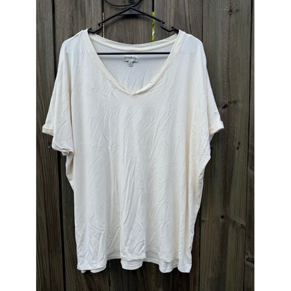 Minimalist Wonderly T-Shirt Women XL Cream V-Neck Dolman Sleeve Relaxed Fit Tee